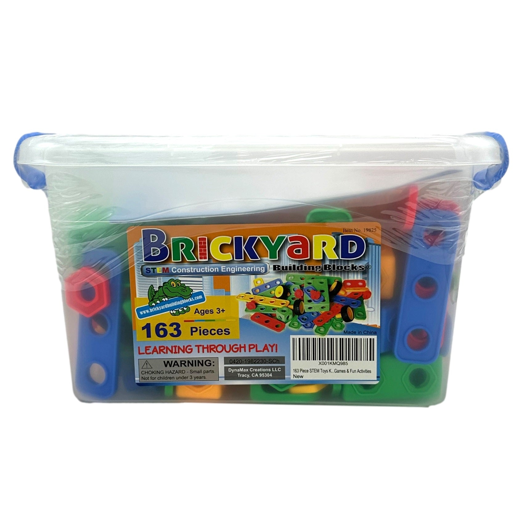 A plastic container of "Brickyard" construction engineering building blocks.